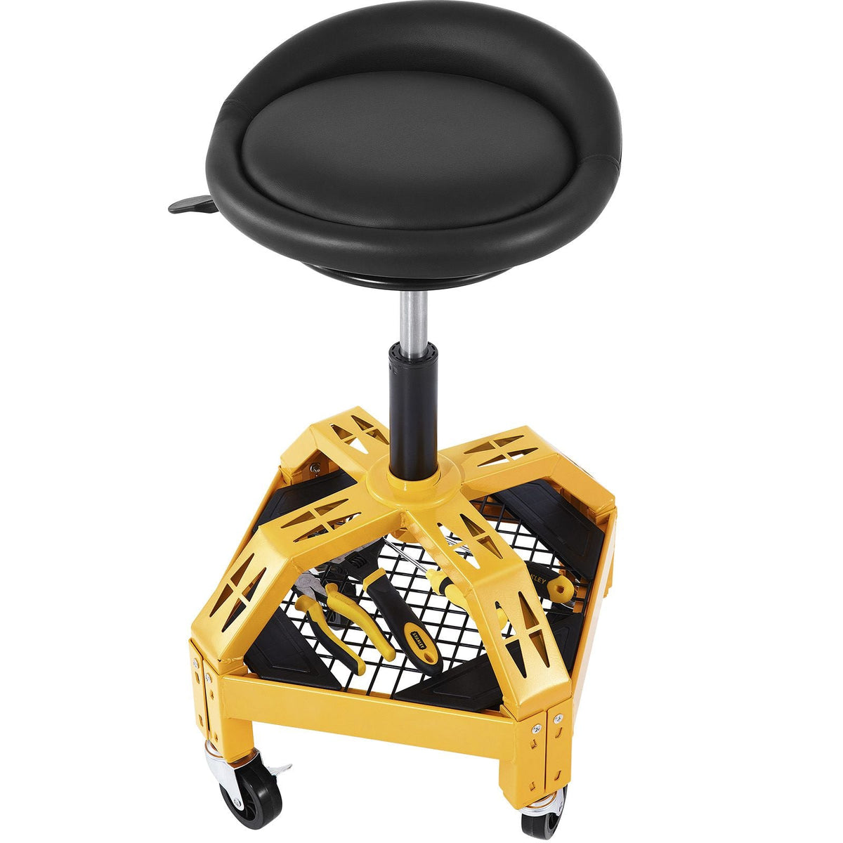 Rolling Garage Stool, 300LBS Capacity, Adjustable Height from 24 in to 28.7 in, Mechanic Seat with 360-degree Swivel Wheels and Tool Tray, for Workshop, Auto Repair Shop, Yellow