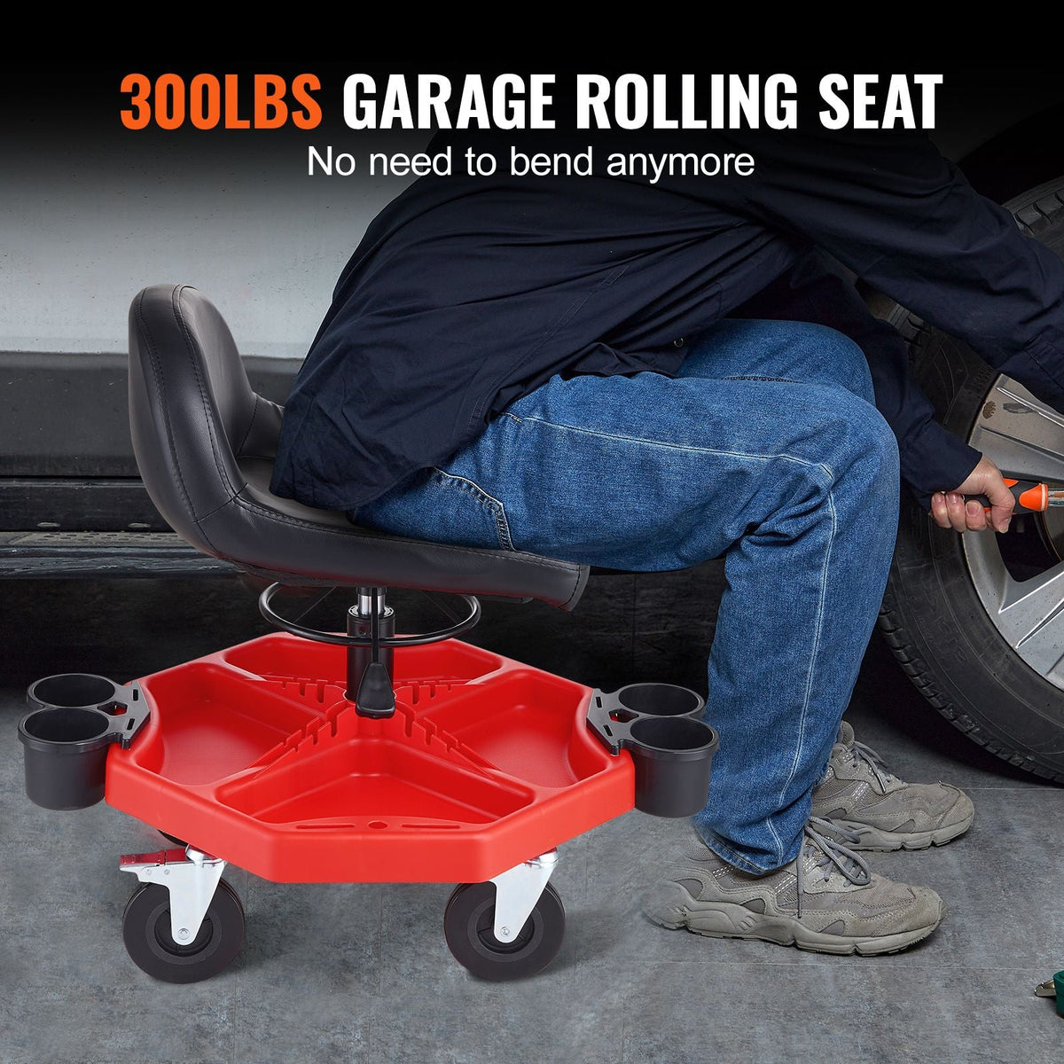 Rolling Garage Stool, Adjustable Height, 17 x 15 in Comfort Cushion,Round Shop Stool with Parts Tray,All-Terrain 5" Casters with Two Brakes Mechanic Roller Seat
