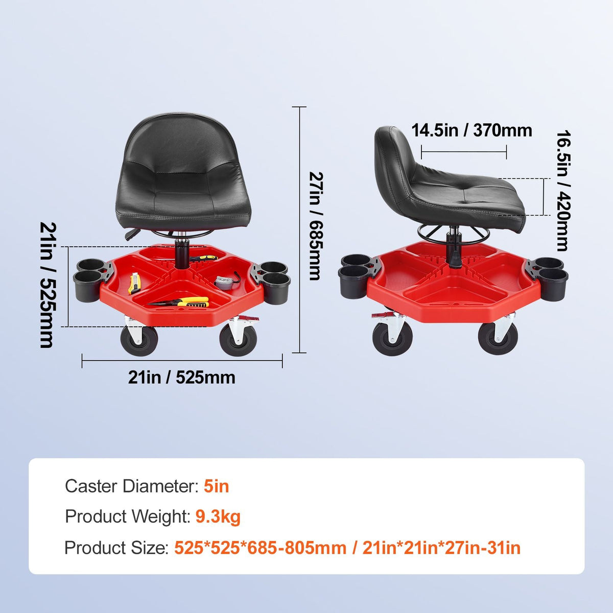 Rolling Garage Stool, Adjustable Height, 17 x 15 in Comfort Cushion,Round Shop Stool with Parts Tray,All-Terrain 5" Casters with Two Brakes Mechanic Roller Seat