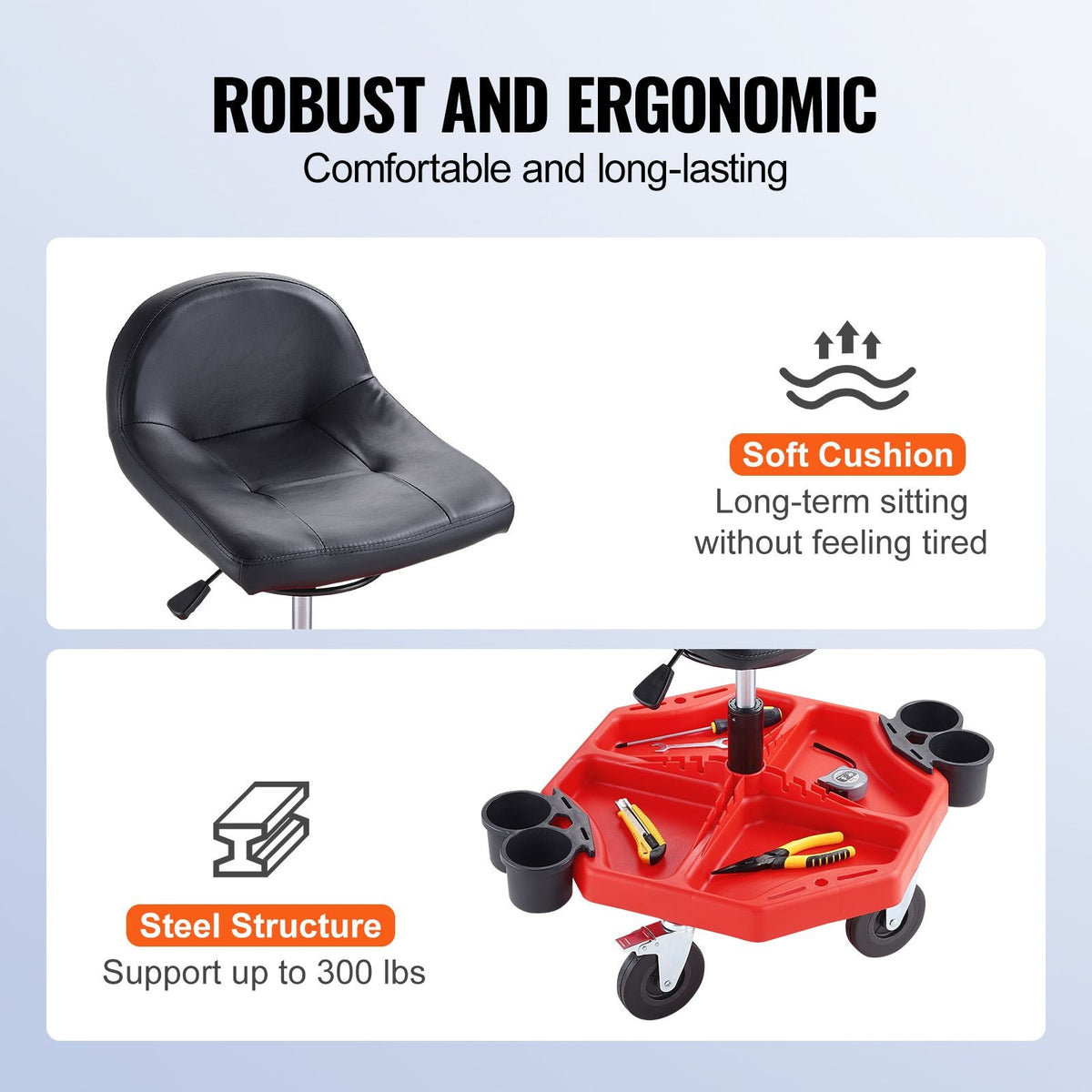 Rolling Garage Stool, Adjustable Height, 17 x 15 in Comfort Cushion,Round Shop Stool with Parts Tray,All-Terrain 5" Casters with Two Brakes Mechanic Roller Seat