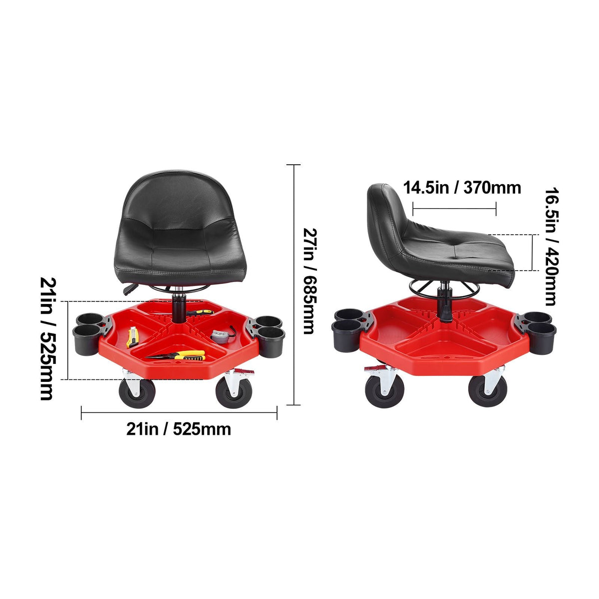 Rolling Garage Stool, Adjustable Height, 17 x 15 in Comfort Cushion,Round Shop Stool with Parts Tray,All-Terrain 5" Casters with Two Brakes Mechanic Roller Seat