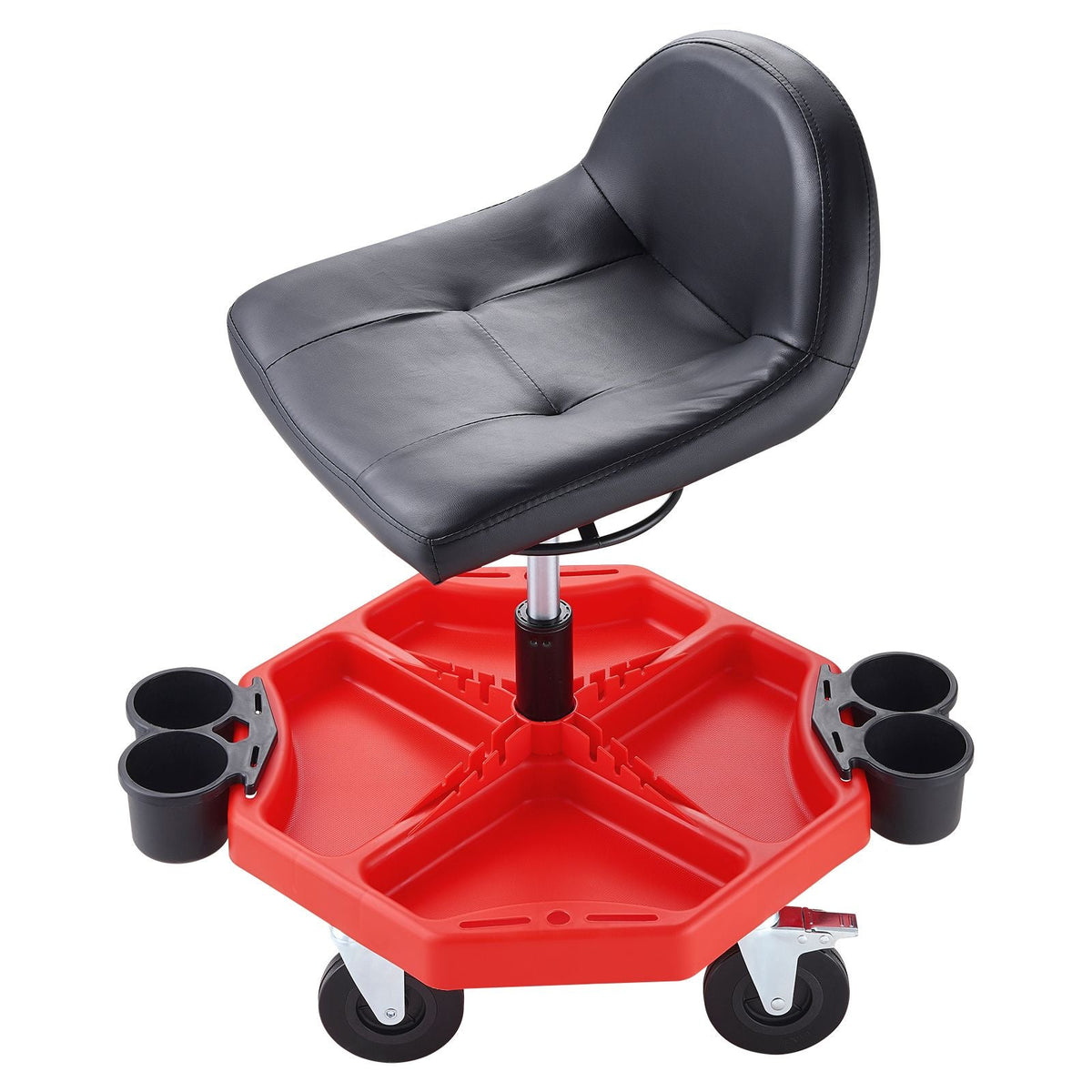 Rolling Garage Stool, Adjustable Height, 17 x 15 in Comfort Cushion,Round Shop Stool with Parts Tray,All-Terrain 5" Casters with Two Brakes Mechanic Roller Seat