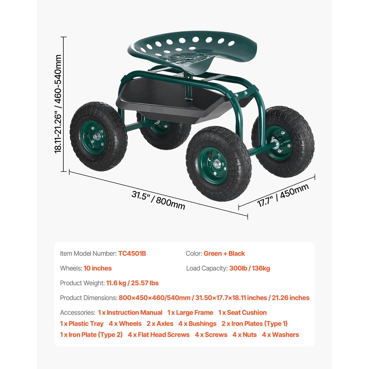 Rolling Garden Cart with Swivel Seat, Heavy Duty Garden Seat with Storage Basket & Tool Tray, 300 lbs Weight Capacity, Outdoor Utility Gardening Stool Scooter for Lawn Yard Planting Weeding