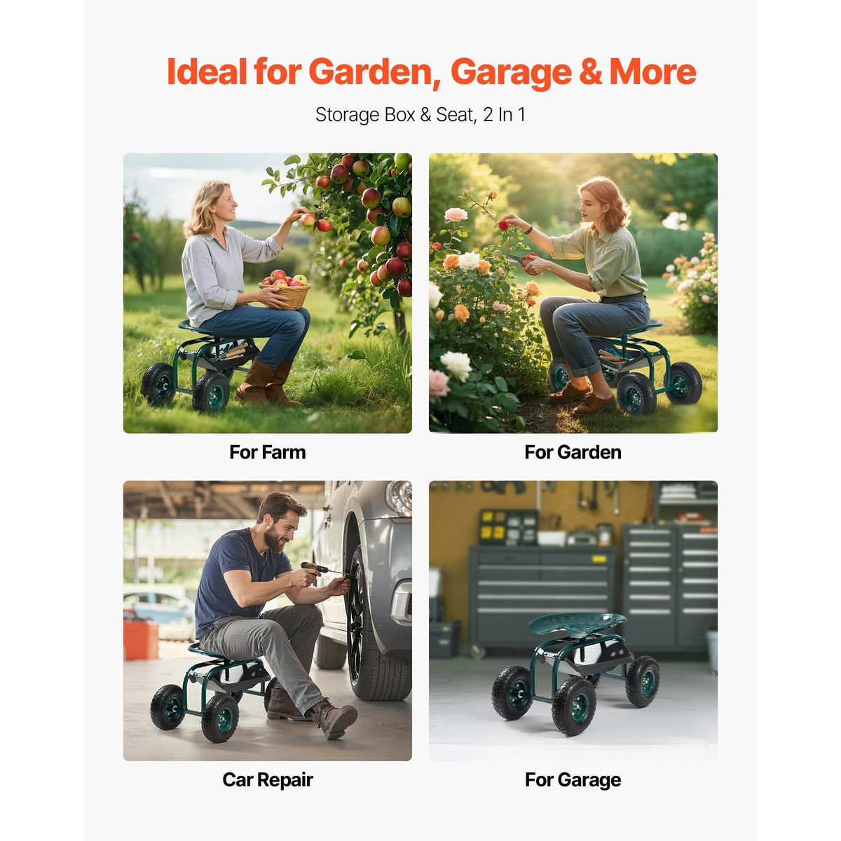 Rolling Garden Cart with Swivel Seat, Heavy Duty Garden Seat with Storage Basket & Tool Tray, 300 lbs Weight Capacity, Outdoor Utility Gardening Stool Scooter for Lawn Yard Planting Weeding