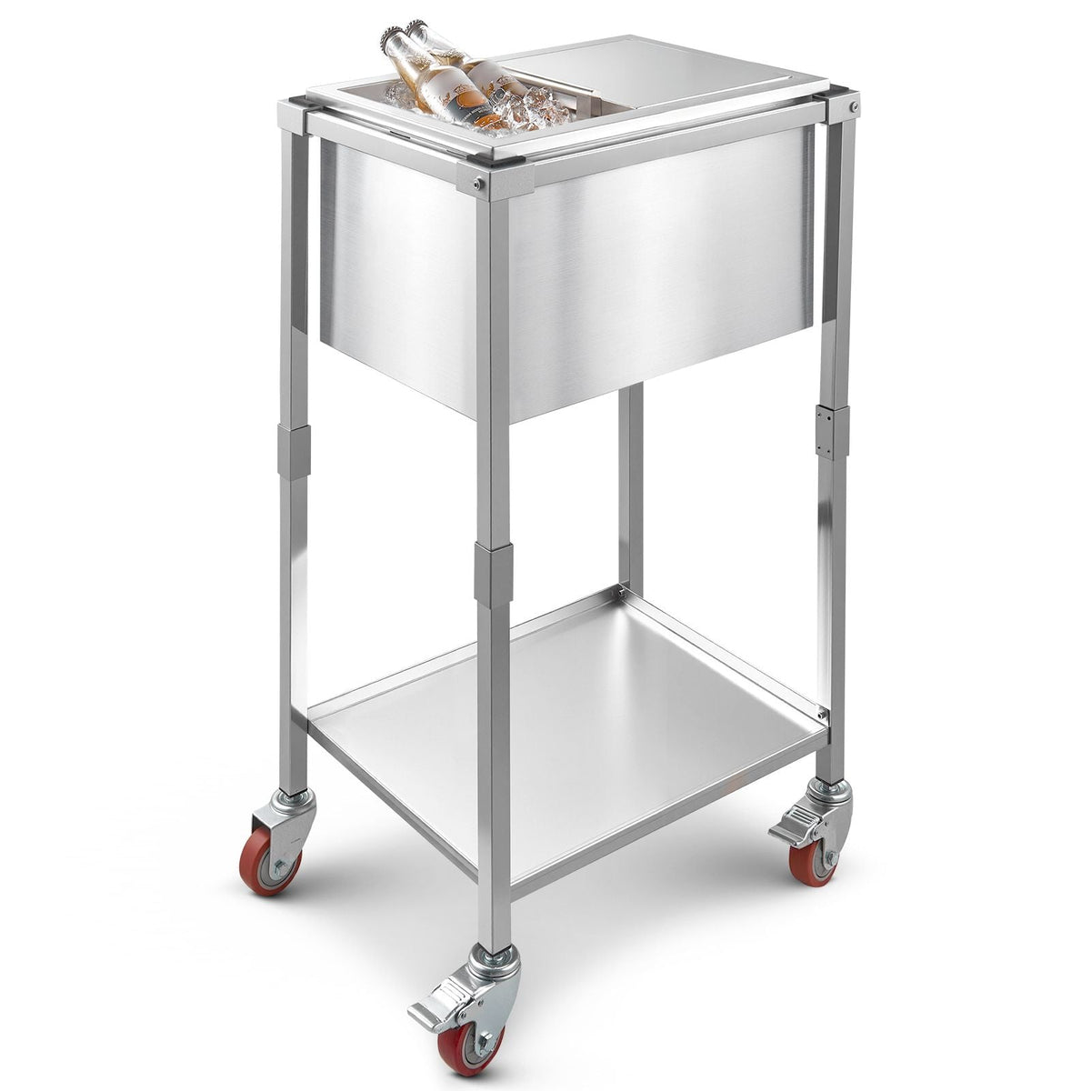 Rolling Ice Chest Cooler Cart, 20"L x 14"W x 38"H Stainless Steel Cooling Bin on Wheels, 29.6 Quart Outdoor Stand Up Cooler Trolley with Shelf, for Patio Backyard Party Bar Cold Drinks