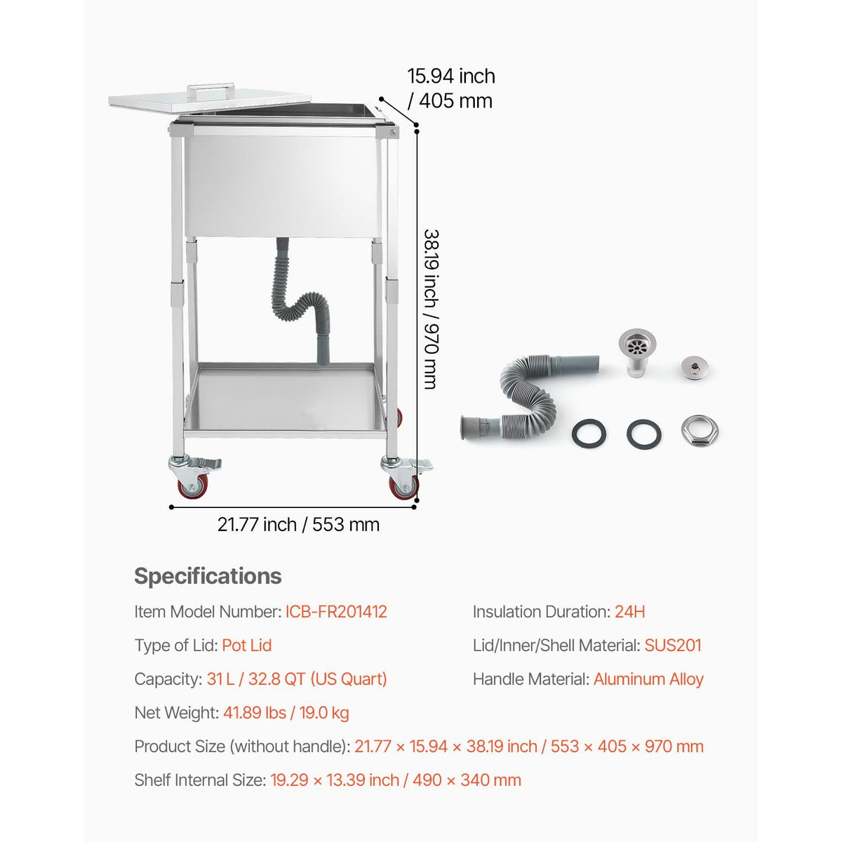 Rolling Ice Chest Cooler Cart, 22"L x 16"W x 38"H Stainless Steel Cooling Bin on Wheels, 32.8 Quart Outdoor Stand Up Cooler Trolley with Shelf, for Patio Backyard Party Bar Cold Drinks