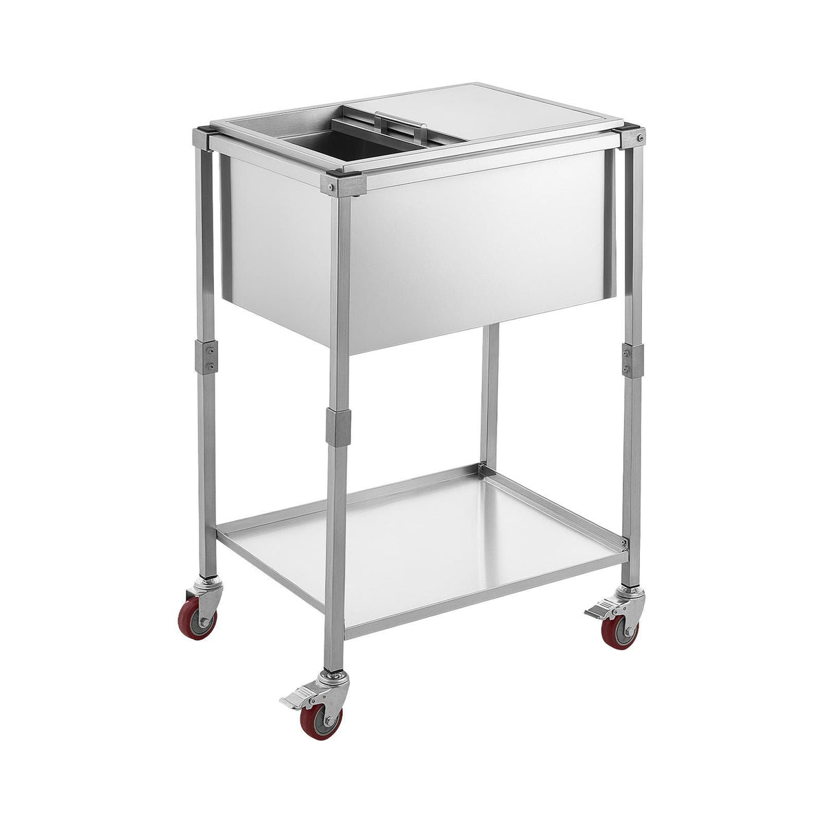 Rolling Ice Chest Cooler Cart Stainless Steel Cooling Bin 44.8 Quart, Outdoor Stand Up Cooler Trolley with Wheels, Sliding Lid, Shelf, for Patio Backyard Party Bar Cold Drinks, 26x19.9x38.8 in