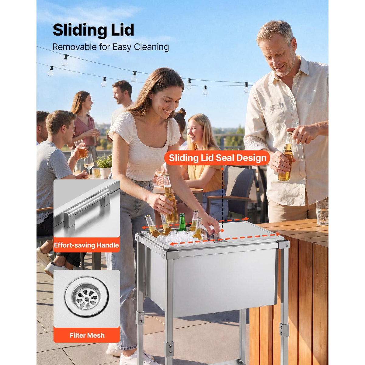Rolling Ice Chest Cooler Cart Stainless Steel Cooling Bin 44.8 Quart, Outdoor Stand Up Cooler Trolley with Wheels, Sliding Lid, Shelf, for Patio Backyard Party Bar Cold Drinks, 26x19.9x38.8 in