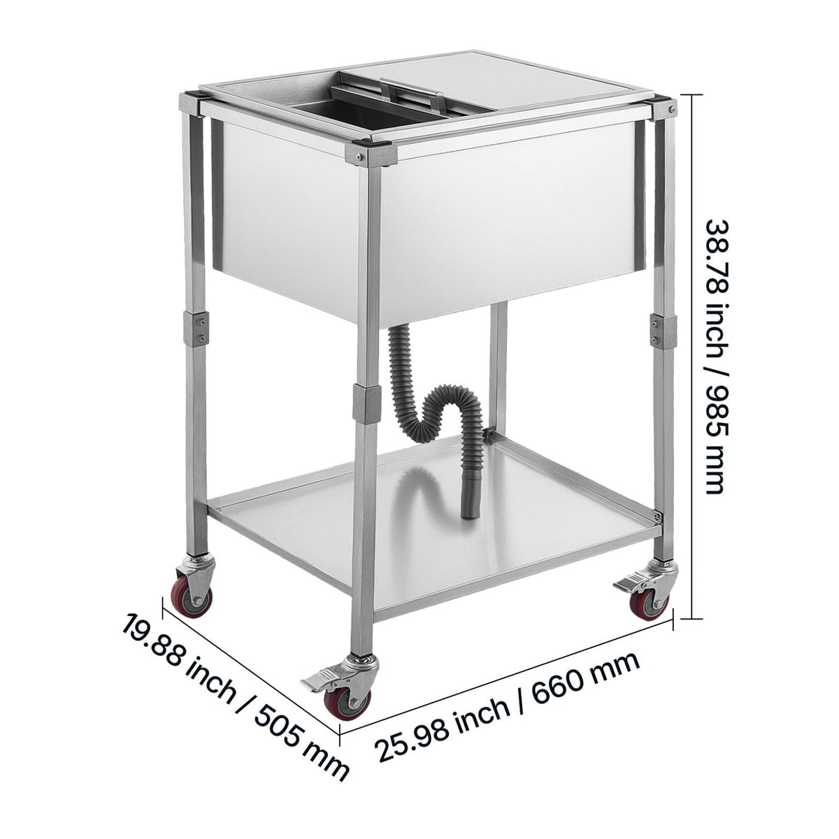 Rolling Ice Chest Cooler Cart Stainless Steel Cooling Bin 44.8 Quart, Outdoor Stand Up Cooler Trolley with Wheels, Sliding Lid, Shelf, for Patio Backyard Party Bar Cold Drinks, 26x19.9x38.8 in