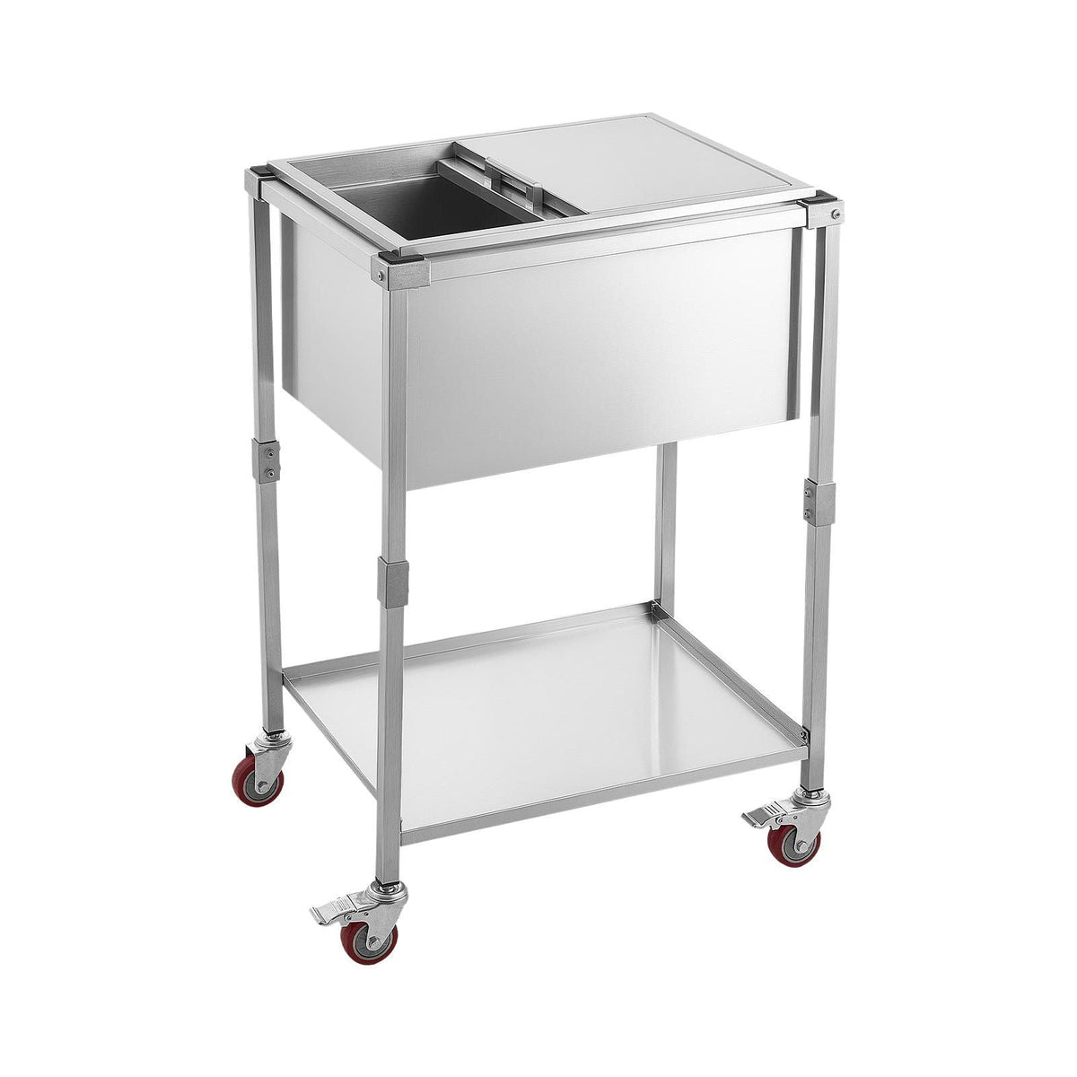 Rolling Ice Chest Cooler Cart Stainless Steel Cooling Bin 44.8 Quart, Outdoor Stand Up Cooler Trolley with Wheels, Sliding Lid, Shelf, for Patio Backyard Party Bar Cold Drinks, 26x19.9x38.8 in