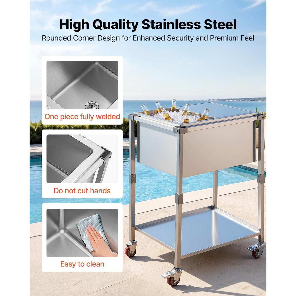 Rolling Ice Chest Cooler Cart Stainless Steel Cooling Bin 44.8 Quart, Outdoor Stand Up Cooler Trolley with Wheels, Sliding Lid, Shelf, for Patio Backyard Party Bar Cold Drinks, 26x19.9x38.8 in
