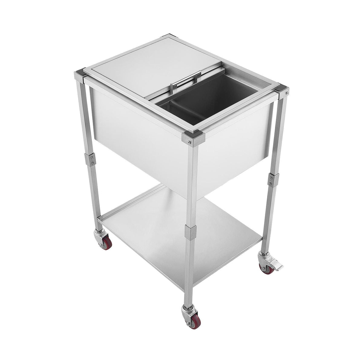 Rolling Ice Chest Cooler Cart Stainless Steel Cooling Bin 44.8 Quart, Outdoor Stand Up Cooler Trolley with Wheels, Sliding Lid, Shelf, for Patio Backyard Party Bar Cold Drinks, 26x19.9x38.8 in