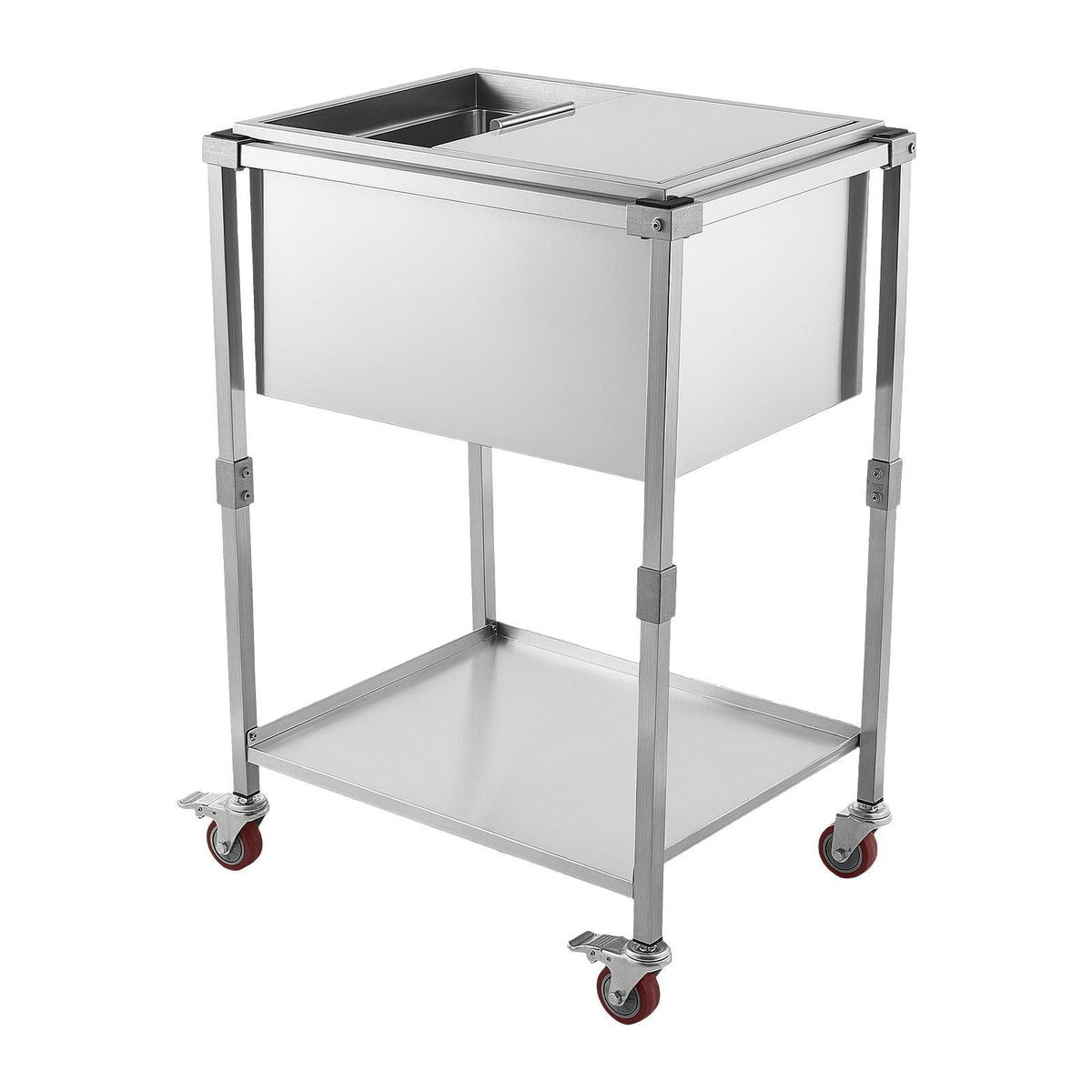 Rolling Ice Chest Cooler Cart Stainless Steel Cooling Bin 44.8 Quart, Outdoor Stand Up Cooler Trolley with Wheels, Sliding Lid, Shelf, for Patio Backyard Party Bar Cold Drinks, 26x19.9x38.8 in