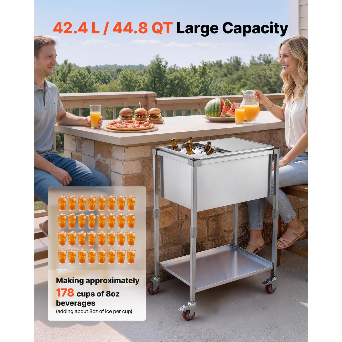 Rolling Ice Chest Cooler Cart Stainless Steel Cooling Bin 44.8 Quart, Outdoor Stand Up Cooler Trolley with Wheels, Sliding Lid, Shelf, for Patio Backyard Party Bar Cold Drinks, 26x19.9x38.8 in