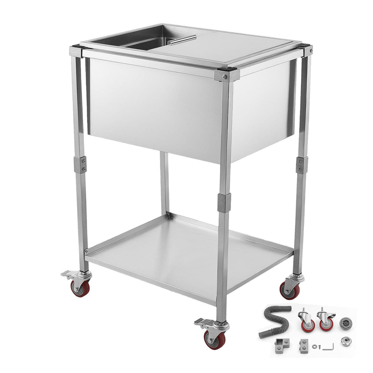 Rolling Ice Chest Cooler Cart Stainless Steel Cooling Bin 44.8 Quart, Outdoor Stand Up Cooler Trolley with Wheels, Sliding Lid, Shelf, for Patio Backyard Party Bar Cold Drinks, 26x19.9x38.8 in