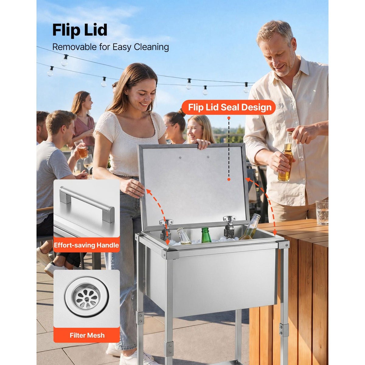 Rolling Ice Chest Cooler Cart Stainless Steel Cooling Bin 57.7 Quart, Outdoor Stand Up Cooler Trolley with Wheels, Flip Lid, and Shelf, for Patio Backyard Party Bar Cold Drinks, 22x17.9x39.5 in
