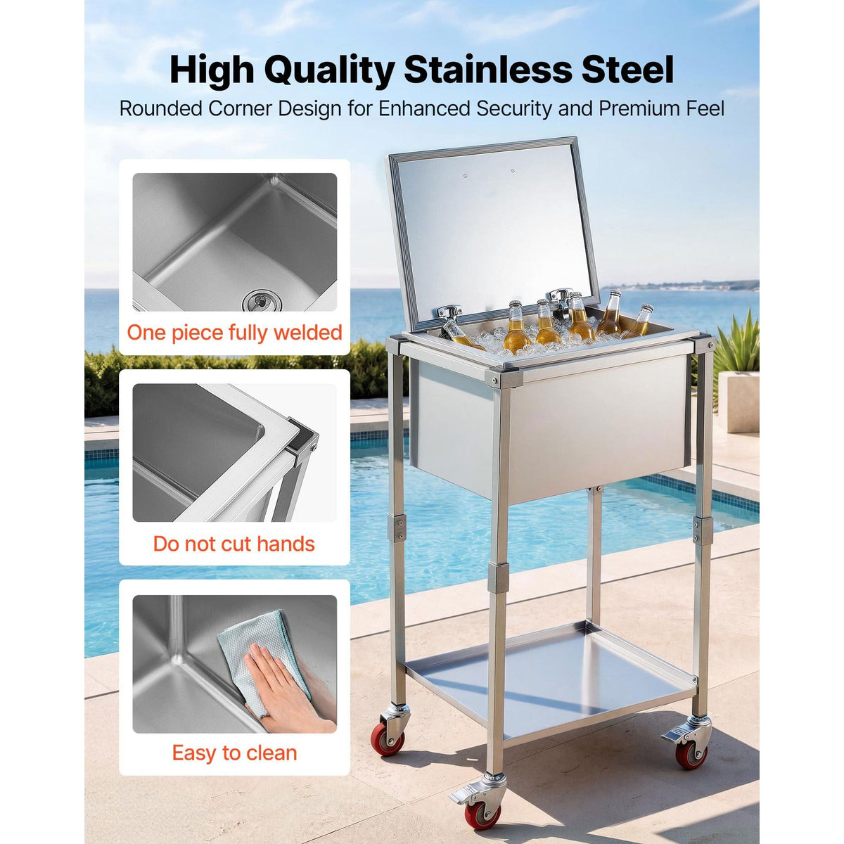 Rolling Ice Chest Cooler Cart Stainless Steel Cooling Bin 57.7 Quart, Outdoor Stand Up Cooler Trolley with Wheels, Flip Lid, and Shelf, for Patio Backyard Party Bar Cold Drinks, 22x17.9x39.5 in