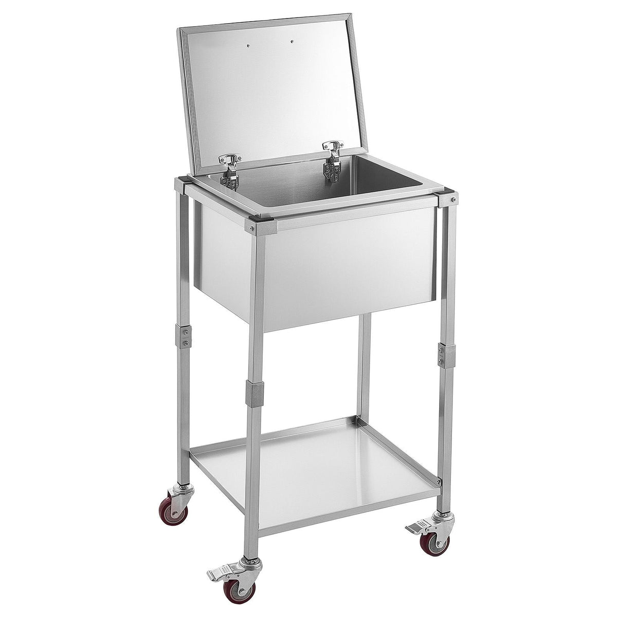 Rolling Ice Chest Cooler Cart Stainless Steel Cooling Bin 57.7 Quart, Outdoor Stand Up Cooler Trolley with Wheels, Flip Lid, and Shelf, for Patio Backyard Party Bar Cold Drinks, 22x17.9x39.5 in