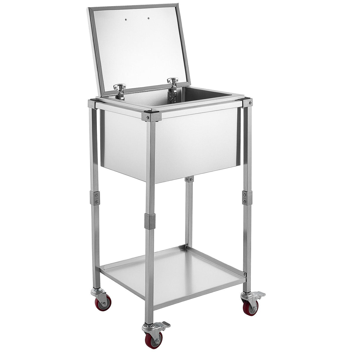 Rolling Ice Chest Cooler Cart Stainless Steel Cooling Bin 57.7 Quart, Outdoor Stand Up Cooler Trolley with Wheels, Flip Lid, and Shelf, for Patio Backyard Party Bar Cold Drinks, 22x17.9x39.5 in