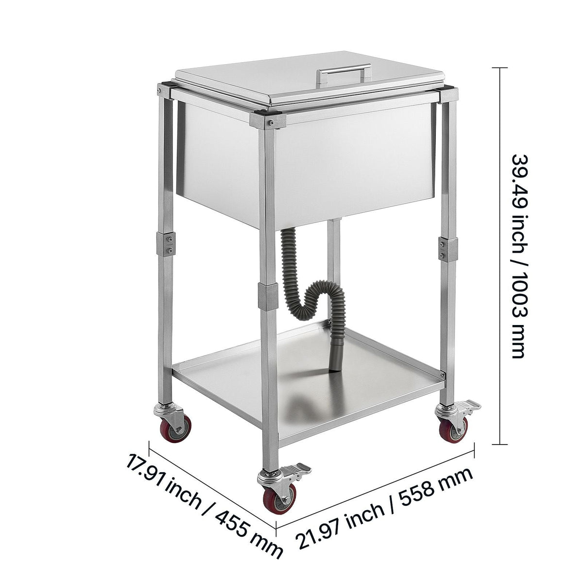 Rolling Ice Chest Cooler Cart Stainless Steel Cooling Bin 57.7 Quart, Outdoor Stand Up Cooler Trolley with Wheels, Flip Lid, and Shelf, for Patio Backyard Party Bar Cold Drinks, 22x17.9x39.5 in