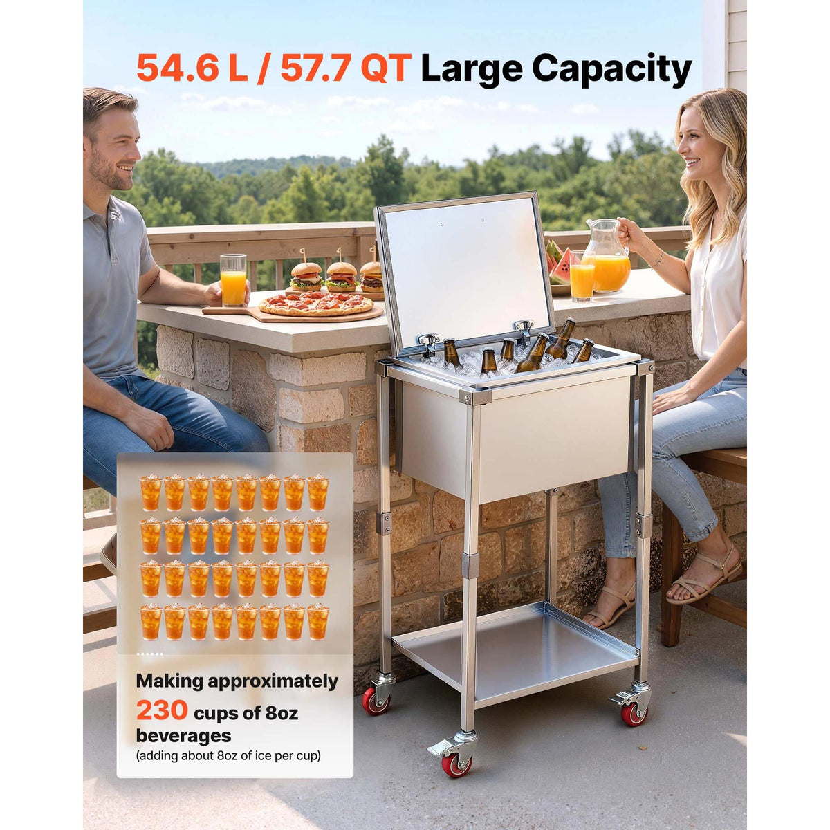 Rolling Ice Chest Cooler Cart Stainless Steel Cooling Bin 57.7 Quart, Outdoor Stand Up Cooler Trolley with Wheels, Flip Lid, and Shelf, for Patio Backyard Party Bar Cold Drinks, 22x17.9x39.5 in
