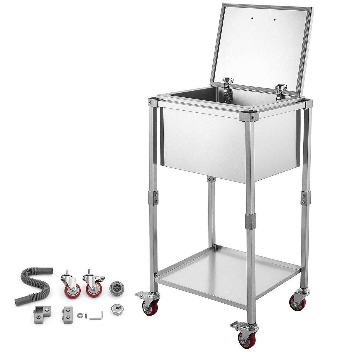 Rolling Ice Chest Cooler Cart Stainless Steel Cooling Bin 57.7 Quart, Outdoor Stand Up Cooler Trolley with Wheels, Flip Lid, and Shelf, for Patio Backyard Party Bar Cold Drinks, 22x17.9x39.5 in