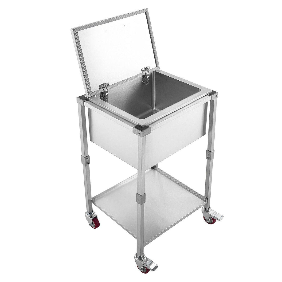 Rolling Ice Chest Cooler Cart Stainless Steel Cooling Bin 57.7 Quart, Outdoor Stand Up Cooler Trolley with Wheels, Flip Lid, and Shelf, for Patio Backyard Party Bar Cold Drinks, 22x17.9x39.5 in
