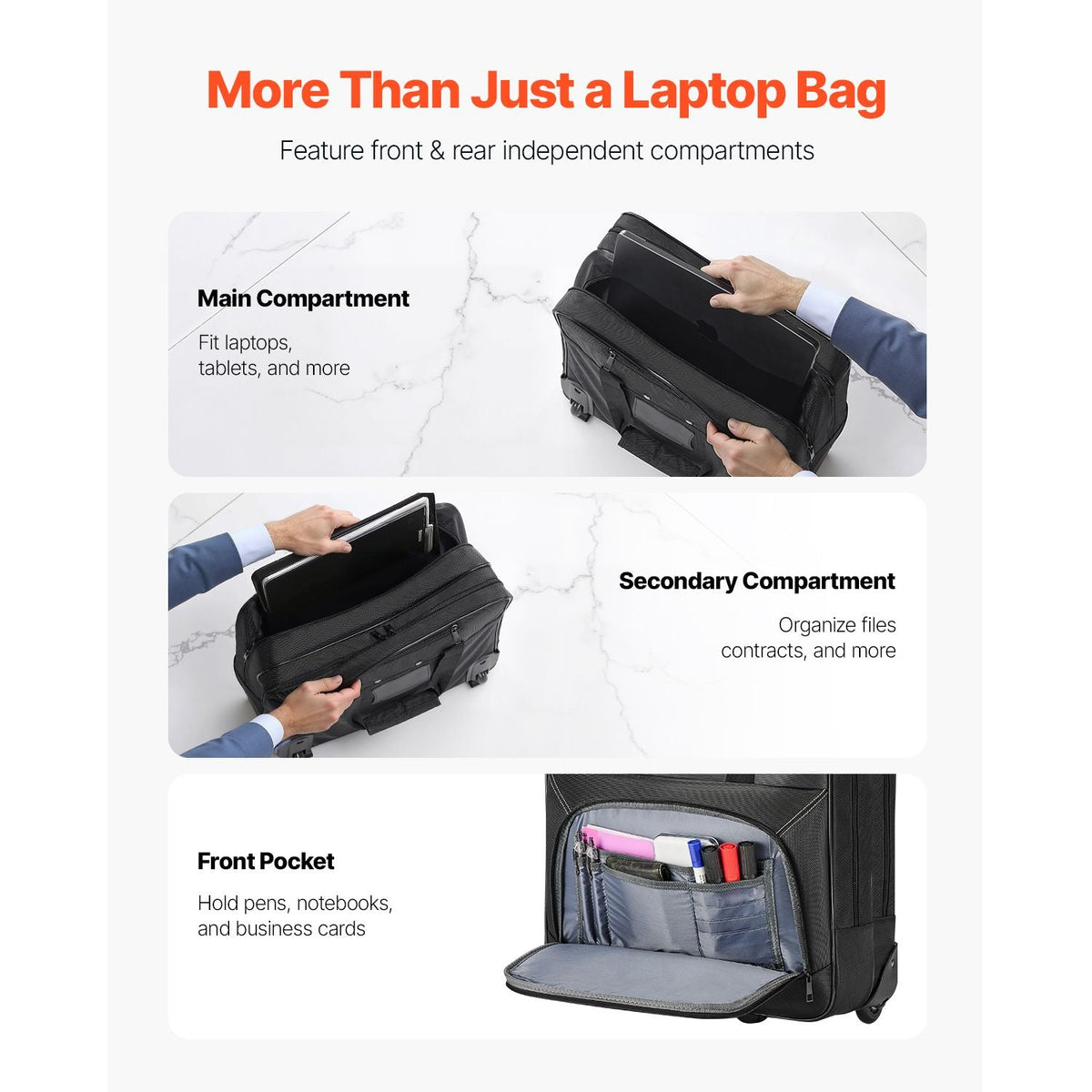 Rolling Laptop Bag, Fits Up to 15.6 Inch Laptop, Wheeled Briefcase, Roller Computer Tote Bag with Wheels & Telescoping Handle, Laptop Case for Work Travel Business Office, Women & Men (Black)