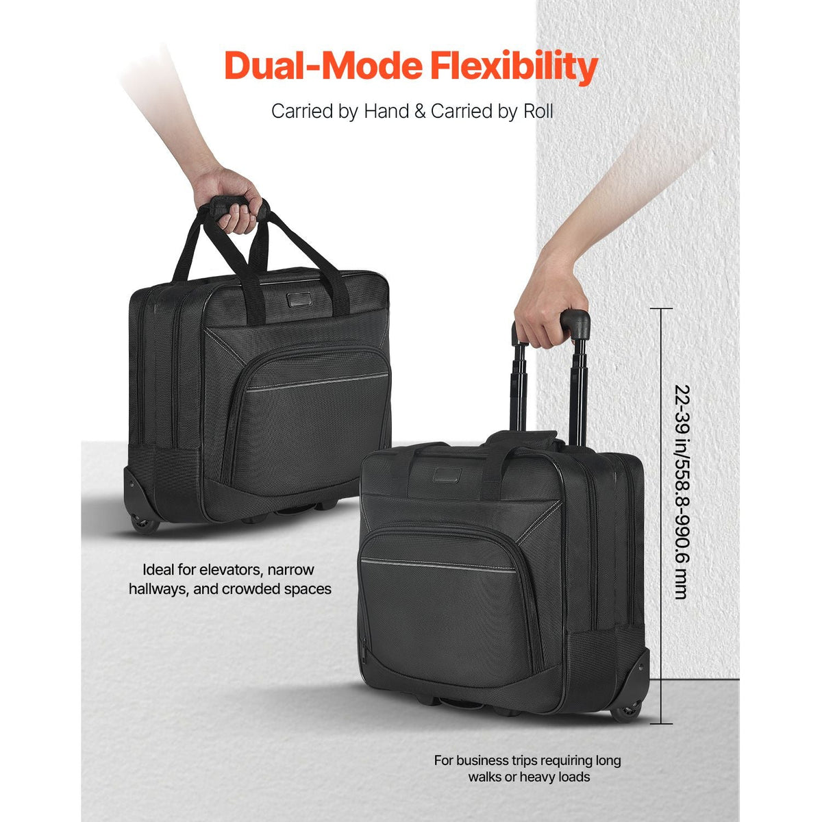 Rolling Laptop Bag, Fits Up to 15.6 Inch Laptop, Wheeled Briefcase, Roller Computer Tote Bag with Wheels & Telescoping Handle, Laptop Case for Work Travel Business Office, Women & Men (Black)