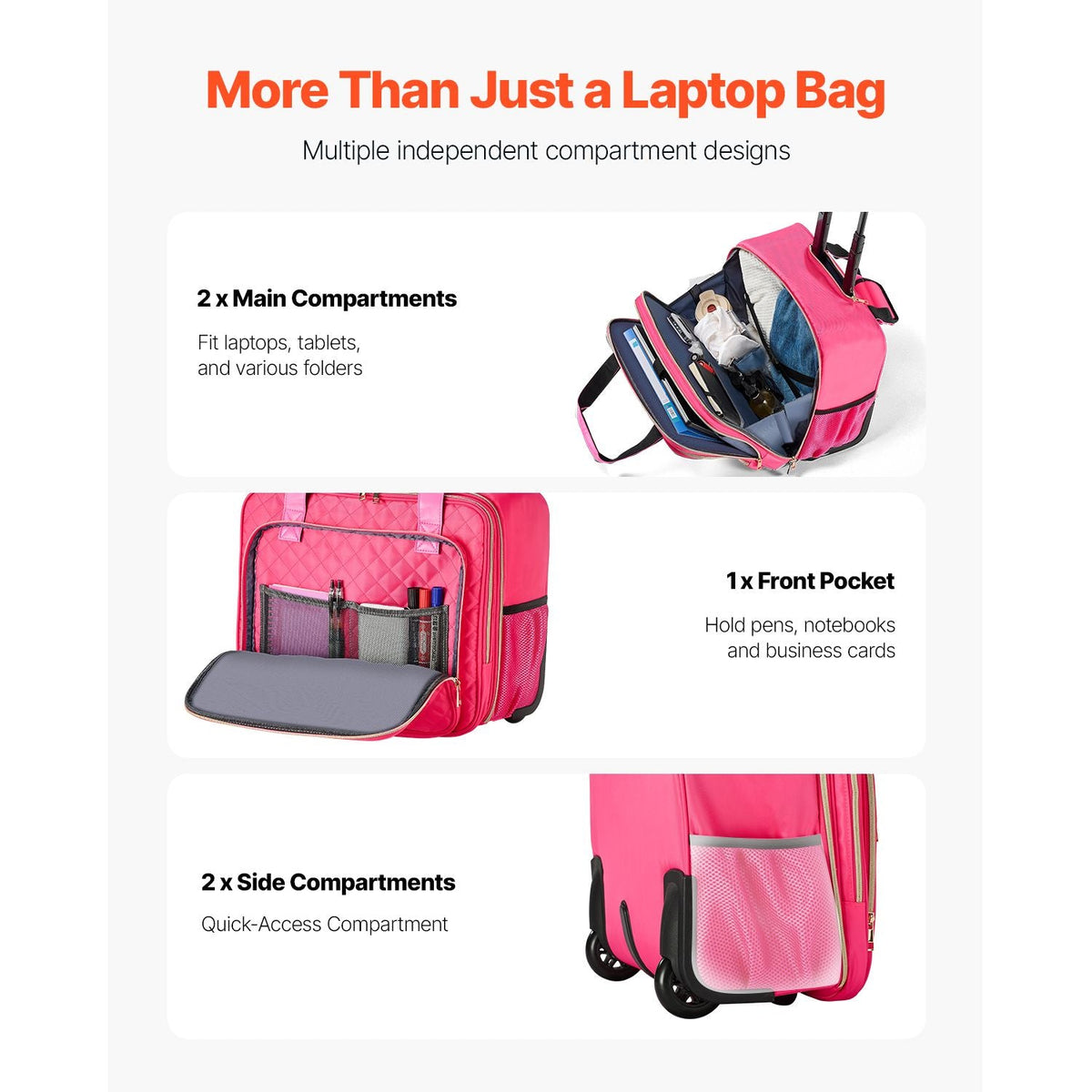 Rolling Laptop Bag, Fits Up to 17.3 Inch Laptop, Wheeled Briefcase, Roller Computer Tote Bag with 2 Fixed Wheels & Telescoping Handle, Laptop Case for Work Travel Business Office, Red