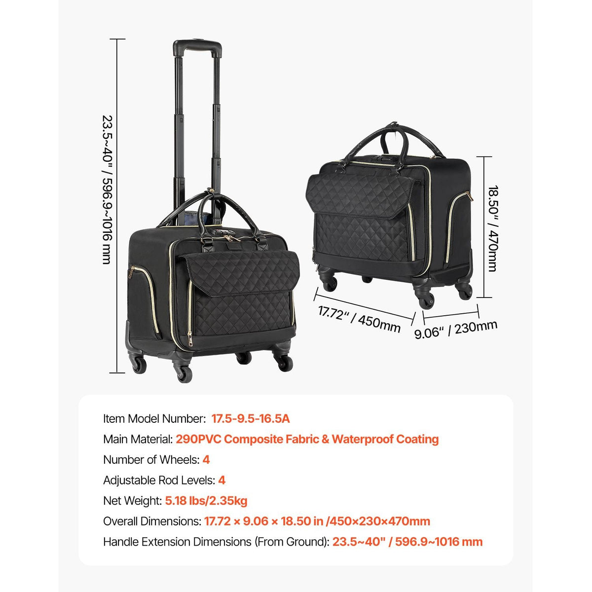 Rolling Laptop Bag, Fits Up to 17.3 Inch Laptop, Wheeled Briefcase, Roller Computer Tote Bag with 4 Spinner Wheels & TSA Lock, Laptop Case for Work Travel Business, Women & Men (Black Gold)