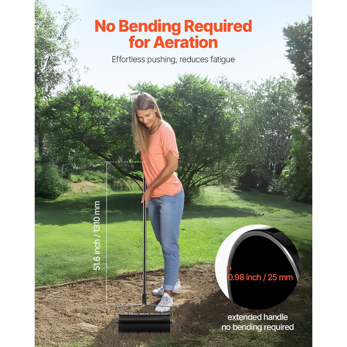 Rolling Lawn Aerator, 18-inch Heavy-Duty Manual Rolling Aerator Lawn with Detachable Handle and 27 Iron Spikes, Rolling Lawn Aeration Tool for Garden Patio Yard Compacted Soils and Lawns, Black