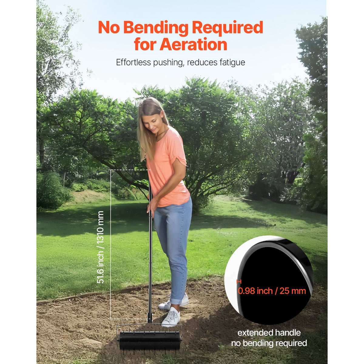Rolling Lawn Aerator, 21-inch Heavy-Duty Manual Rolling Aerator Lawn with Detachable Handle and 33 Iron Spikes, Rolling Lawn Aeration Tool for Garden Patio Yard Compacted Soils and Lawns, Black