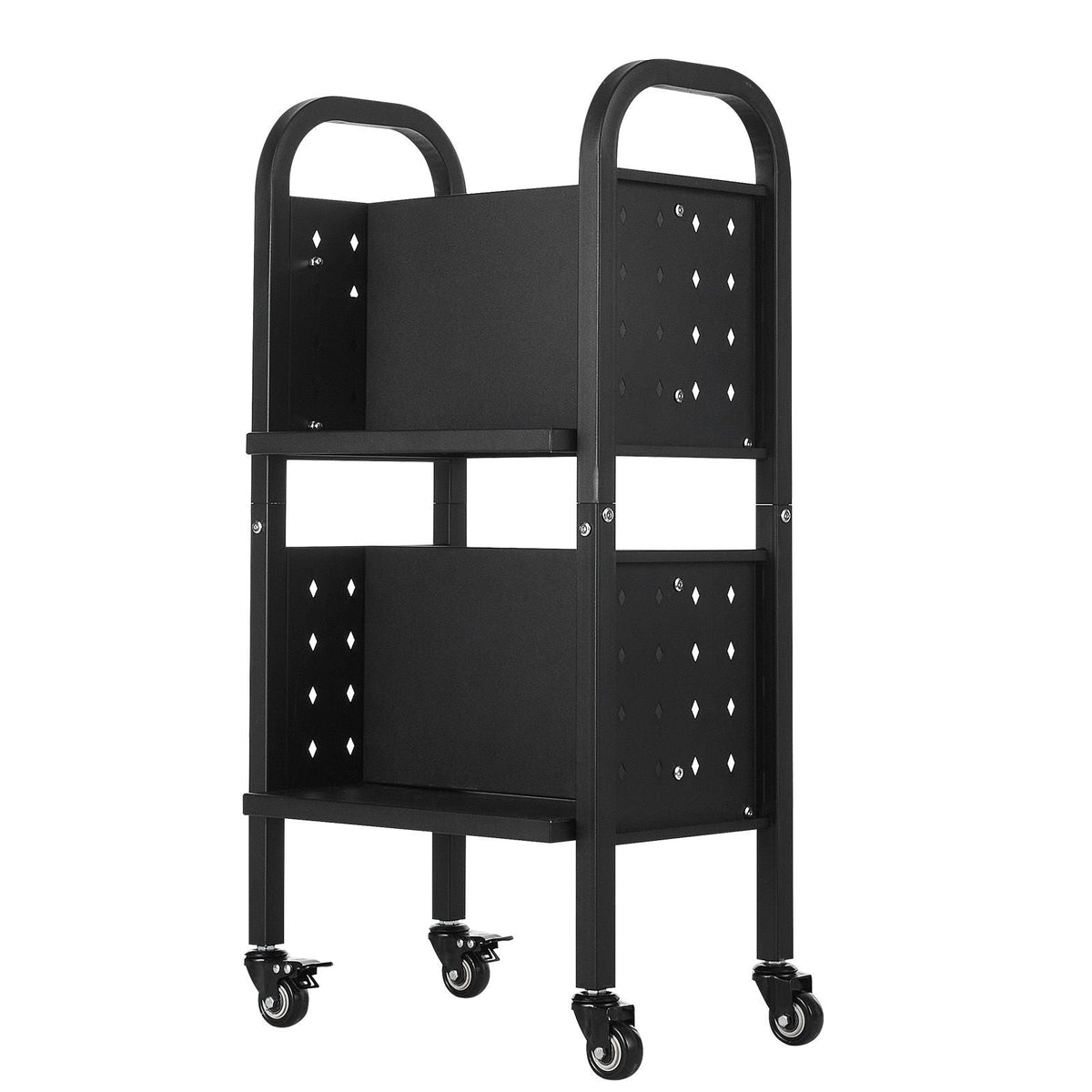 Rolling Library Book Cart, 150 lbs Capacity, 17.7 x 13.0 x 34.6-Inch Library Cart, Double Sided L-Shaped Shelves with 2-Inch Lockable Wheels, Book Truck for Home Shelves Office and School, Black