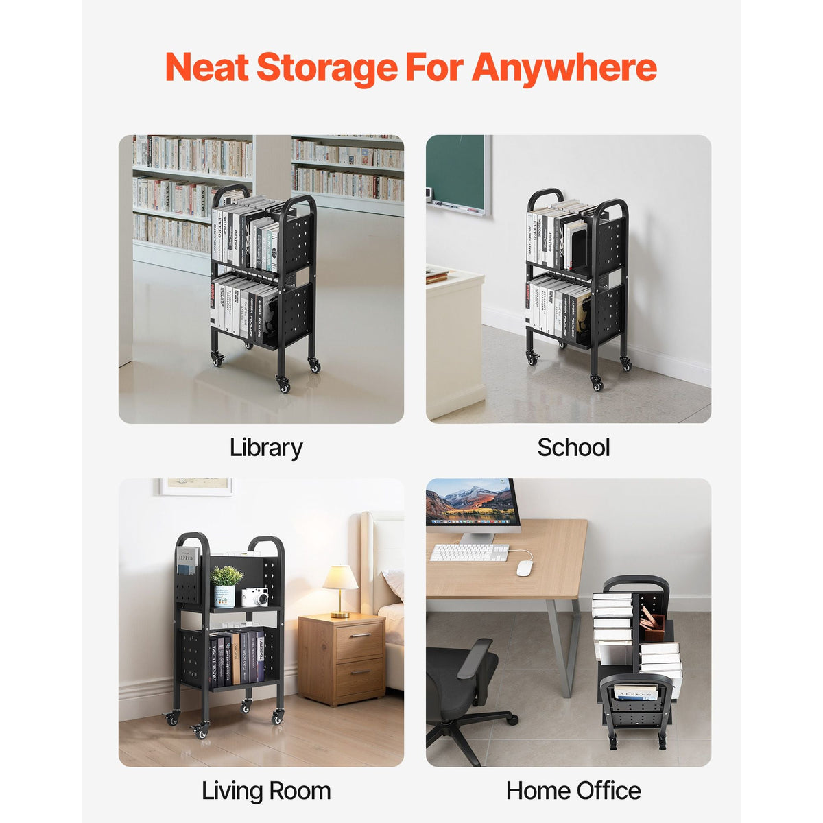 Rolling Library Book Cart, 150 lbs Capacity, 17.7 x 13.0 x 34.6-Inch Library Cart, Double Sided L-Shaped Shelves with 2-Inch Lockable Wheels, Book Truck for Home Shelves Office and School, Black