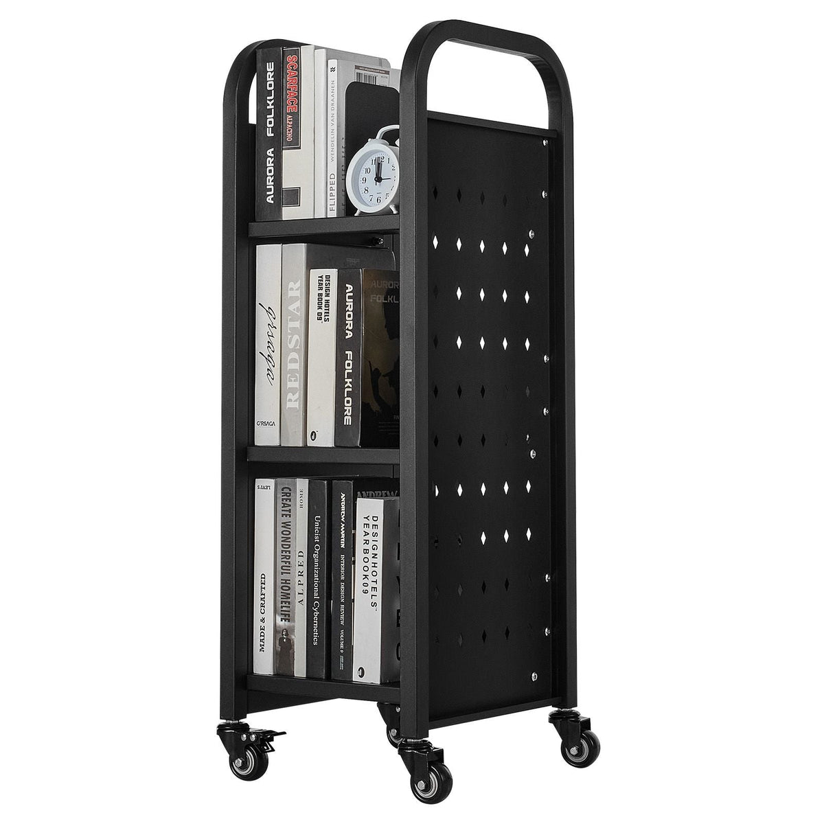 Rolling Library Book Cart, 220 lbs Capacity, 12.6 x 13.8 x 36.8-Inch Library Cart, Single Sided L-Shaped Shelves with 2-Inch Lockable Wheels, Book Truck for Home Shelves Office and School, Black