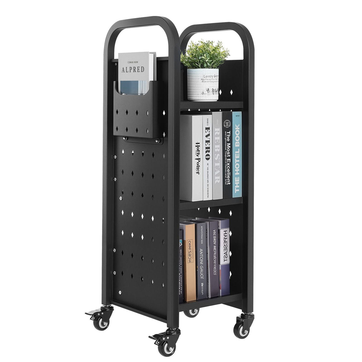 Rolling Library Book Cart, 220 lbs Capacity, 12.6 x 13.8 x 36.8-Inch Library Cart, Single Sided L-Shaped Shelves with 2-Inch Lockable Wheels, Book Truck for Home Shelves Office and School, Black