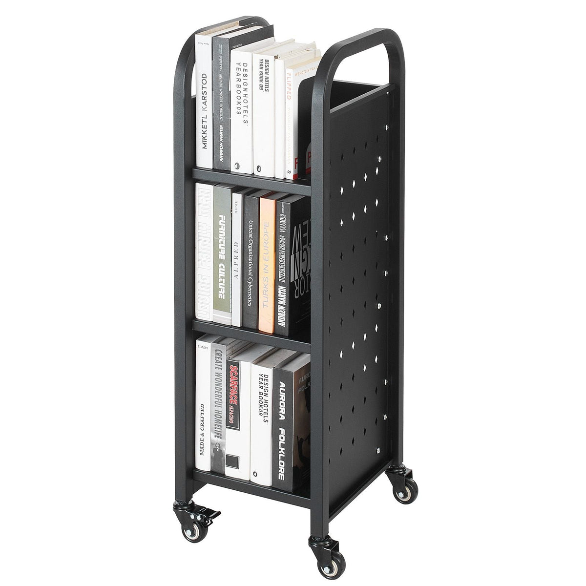 Rolling Library Book Cart, 220 lbs Capacity, 12.6 x 13.8 x 36.8-Inch Library Cart, Single Sided L-Shaped Shelves with 2-Inch Lockable Wheels, Book Truck for Home Shelves Office and School, Black