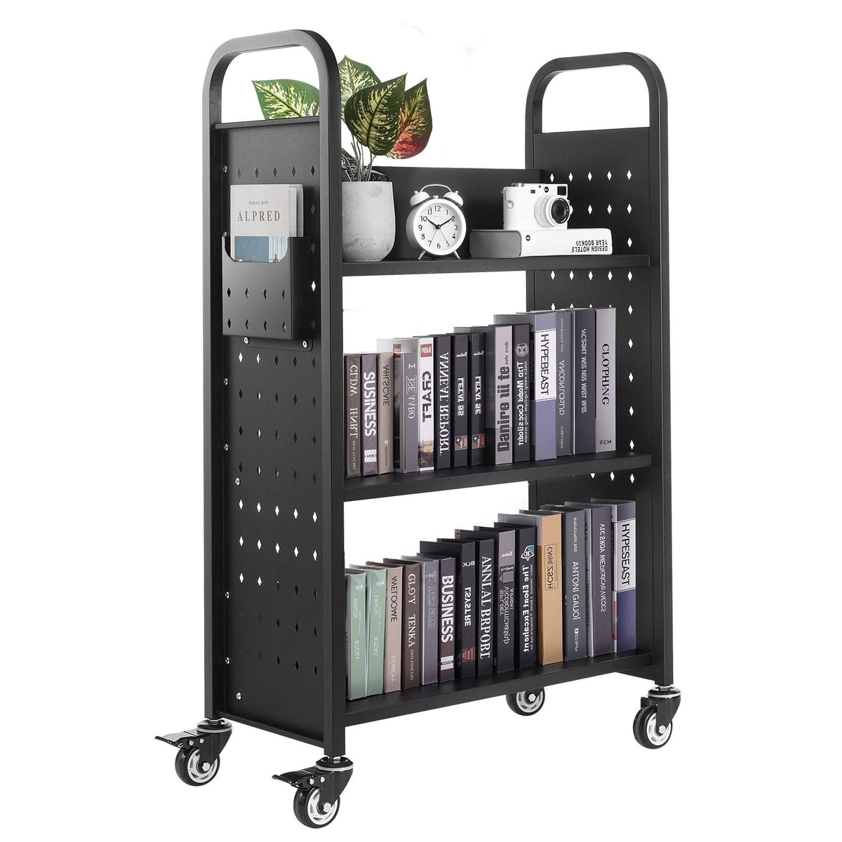 Rolling Library Book Cart, 330 lbs Capacity, 30.3 x 15 x 48.0-Inch Library Cart, Single Sided L-Shaped Shelves with 3-Inch Lockable Wheels, Book Truck for Home Shelves Office and School, Black