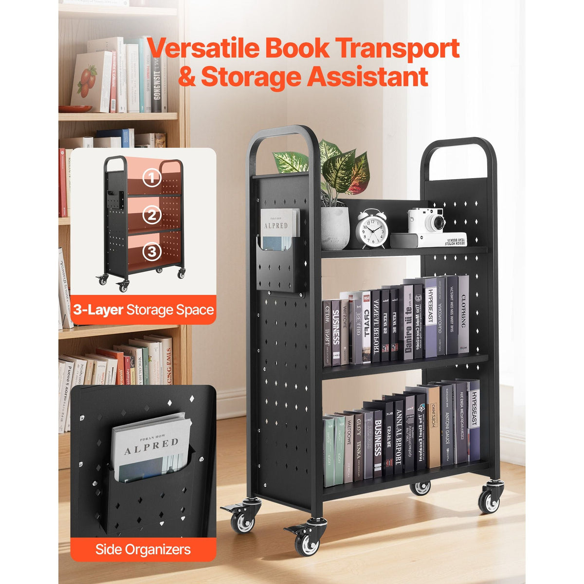 Rolling Library Book Cart, 330 lbs Capacity, 30.3 x 15 x 48.0-Inch Library Cart, Single Sided L-Shaped Shelves with 3-Inch Lockable Wheels, Book Truck for Home Shelves Office and School, Black