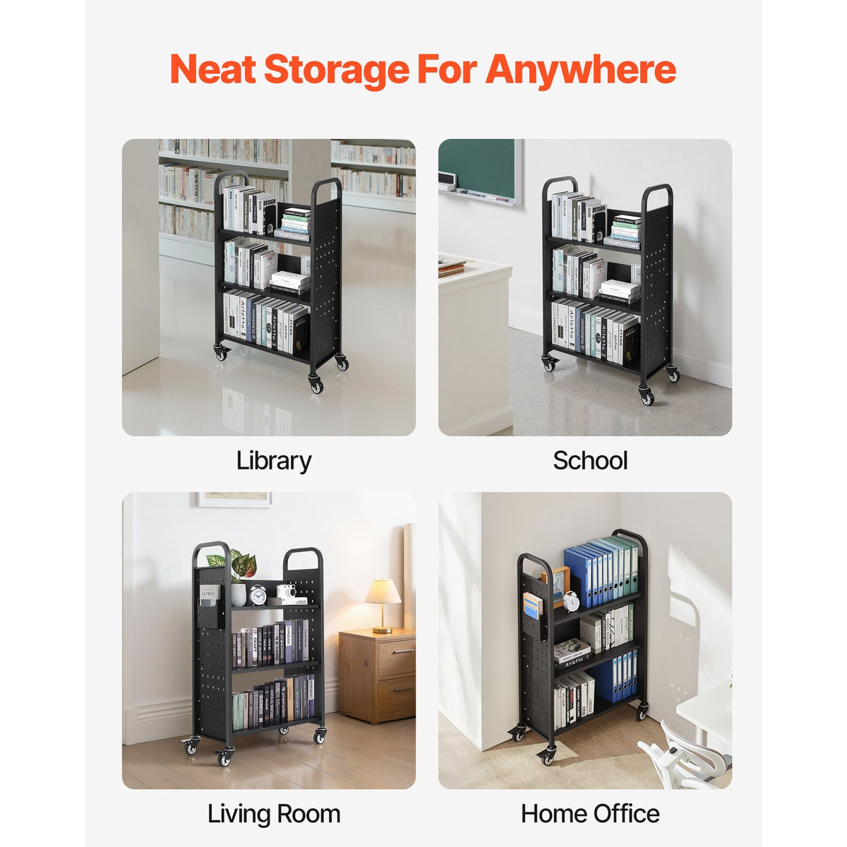 Rolling Library Book Cart, 330 lbs Capacity, 30.3 x 15 x 48.0-Inch Library Cart, Single Sided L-Shaped Shelves with 3-Inch Lockable Wheels, Book Truck for Home Shelves Office and School, Black