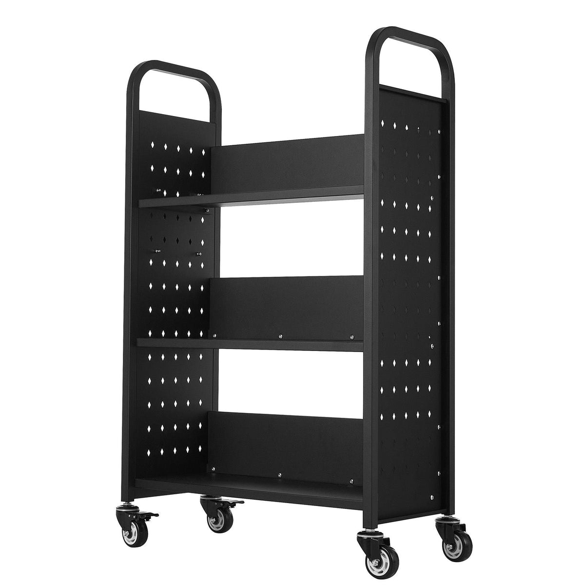 Rolling Library Book Cart, 330 lbs Capacity, 30.3 x 15 x 48.0-Inch Library Cart, Single Sided L-Shaped Shelves with 3-Inch Lockable Wheels, Book Truck for Home Shelves Office and School, Black