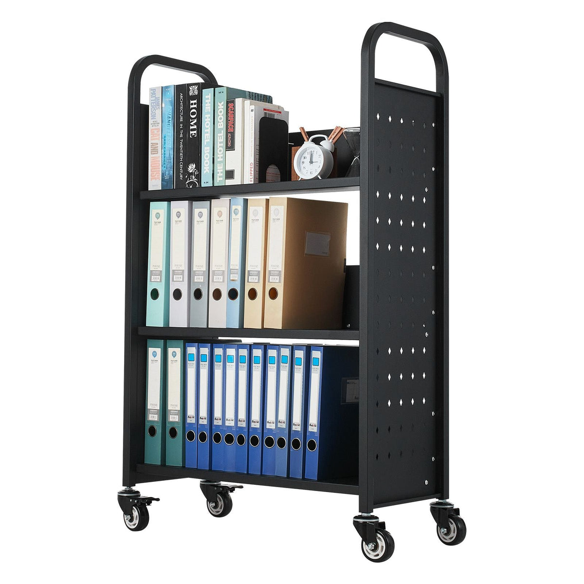 Rolling Library Book Cart, 330 lbs Capacity, 30.3 x 15 x 48.0-Inch Library Cart, Single Sided L-Shaped Shelves with 3-Inch Lockable Wheels, Book Truck for Home Shelves Office and School, Black