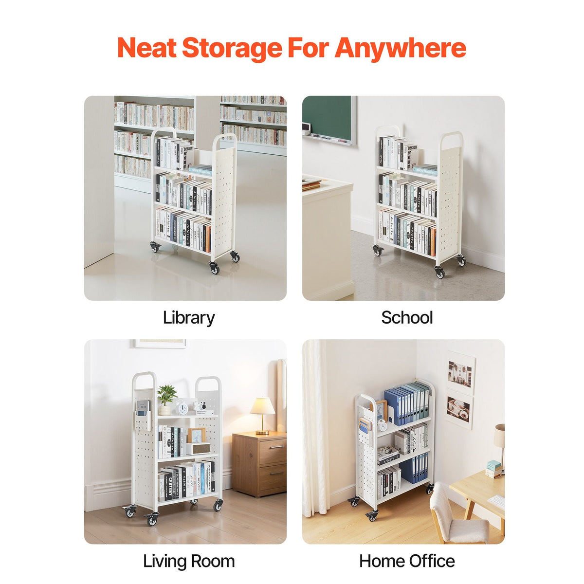 Rolling Library Book Cart, 330 lbs Capacity, 30.3 x 15 x 48.0-Inch Library Cart, Single Sided L-Shaped Shelves with 3-Inch Lockable Wheels, Book Truck for Home Shelves Office and School, White