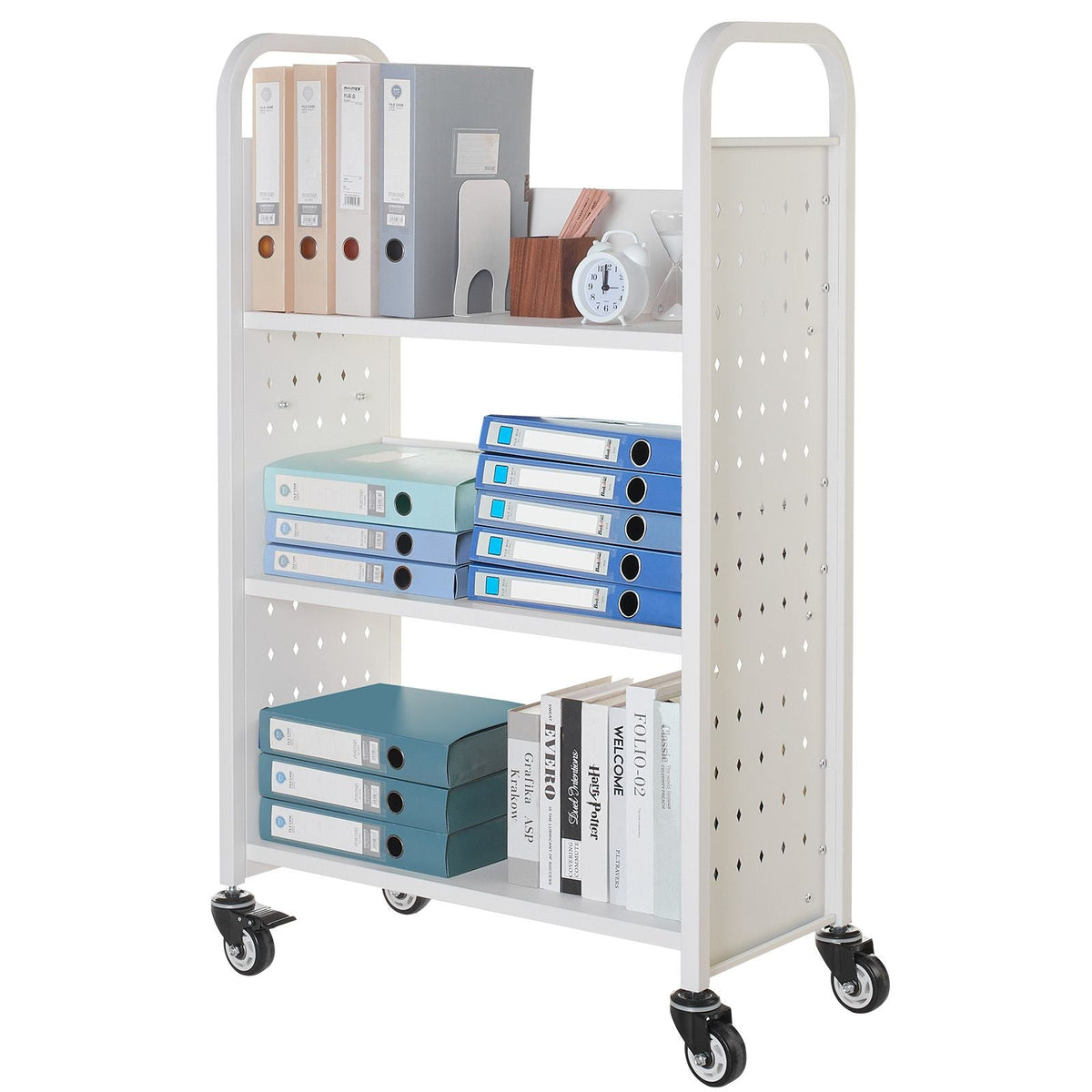 Rolling Library Book Cart, 330 lbs Capacity, 30.3 x 15 x 48.0-Inch Library Cart, Single Sided L-Shaped Shelves with 3-Inch Lockable Wheels, Book Truck for Home Shelves Office and School, White