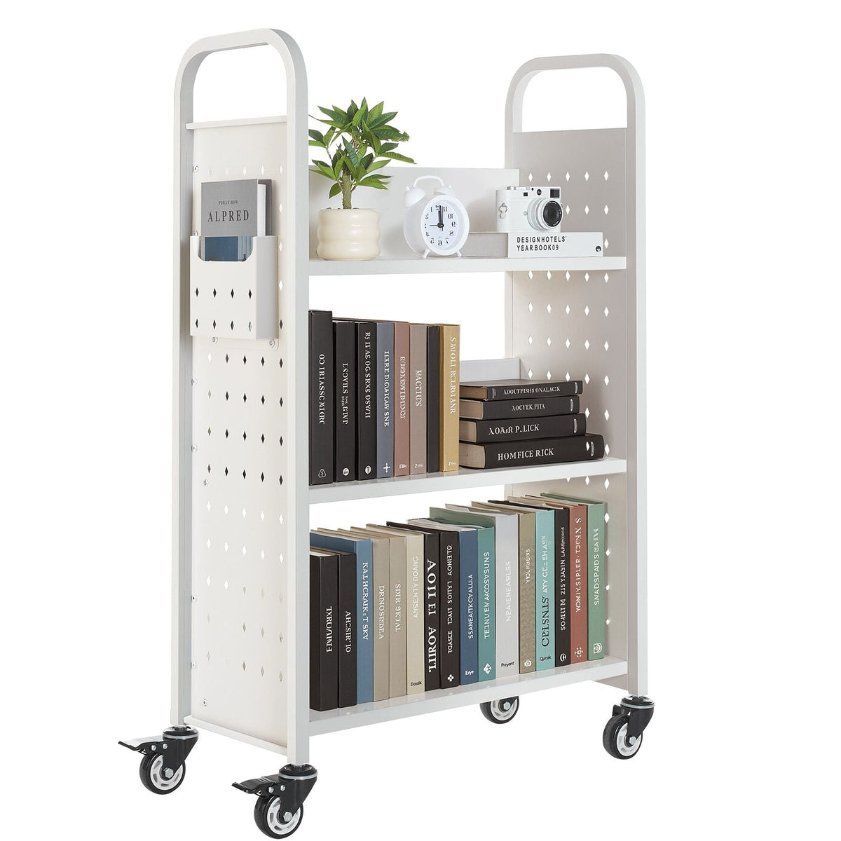 Rolling Library Book Cart, 330 lbs Capacity, 30.3 x 15 x 48.0-Inch Library Cart, Single Sided L-Shaped Shelves with 3-Inch Lockable Wheels, Book Truck for Home Shelves Office and School, White