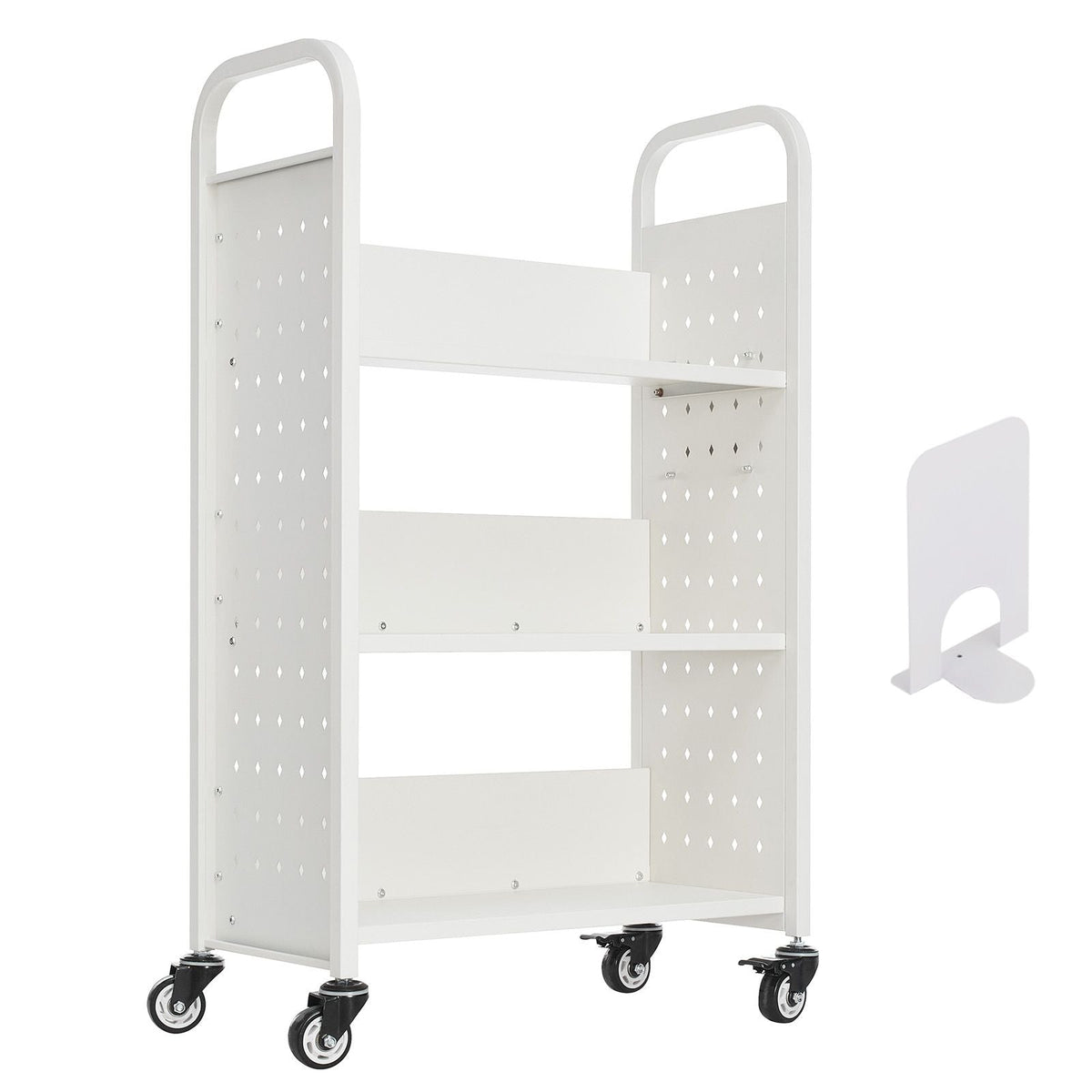 Rolling Library Book Cart, 330 lbs Capacity, 30.3 x 15 x 48.0-Inch Library Cart, Single Sided L-Shaped Shelves with 3-Inch Lockable Wheels, Book Truck for Home Shelves Office and School, White