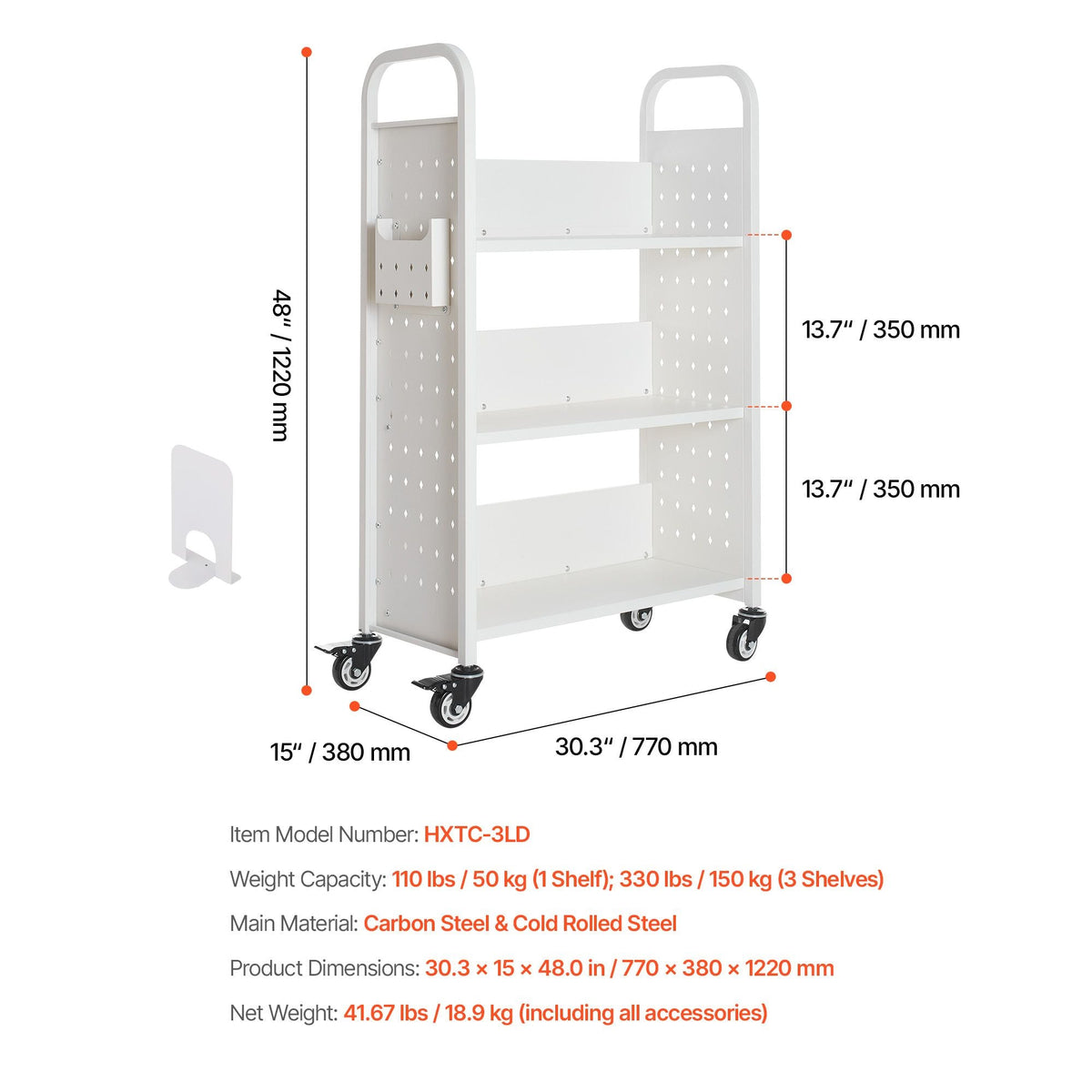 Rolling Library Book Cart, 330 lbs Capacity, 30.3 x 15 x 48.0-Inch Library Cart, Single Sided L-Shaped Shelves with 3-Inch Lockable Wheels, Book Truck for Home Shelves Office and School, White