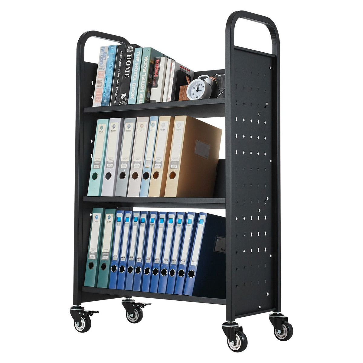Rolling Library Book Cart, 330 lbs Capacity, 30.3 x 15 x 48.0-Inch Library Cart, Single Sided V-Shaped Shelves with 3-Inch Lockable Wheels, Book Truck for Home Shelves Office and School, Black