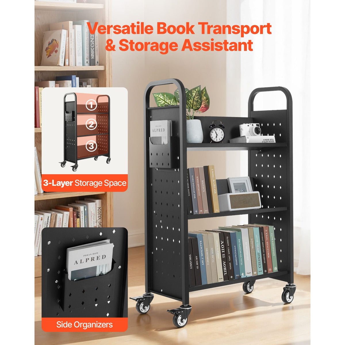 Rolling Library Book Cart, 330 lbs Capacity, 30.3 x 15 x 48.0-Inch Library Cart, Single Sided V-Shaped Shelves with 3-Inch Lockable Wheels, Book Truck for Home Shelves Office and School, Black